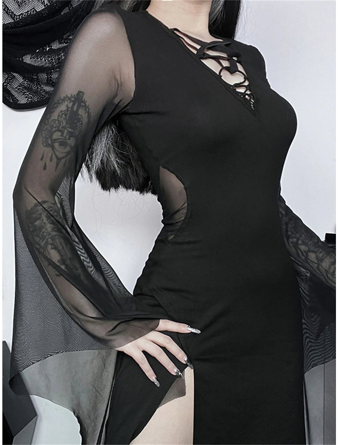 Women's Prom Dress Party Dress Sheath Dress Long Dress Maxi Dress Black Long Sleeve Pure Color Mesh Spring Fall Winter V Neck Fashion Halloween Evening Party Vacation