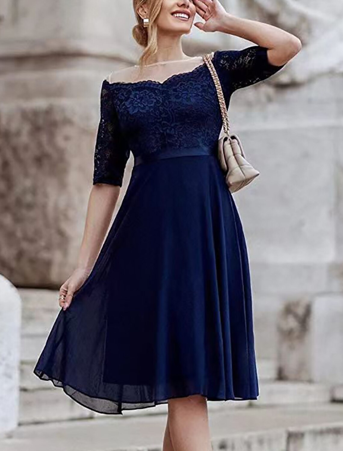 A-Line Cocktail Dresses Vintage Dress Party Wear Cocktail Party Knee Length Half Sleeve Jewel Neck Fall Wedding Guest Lace with Pleats