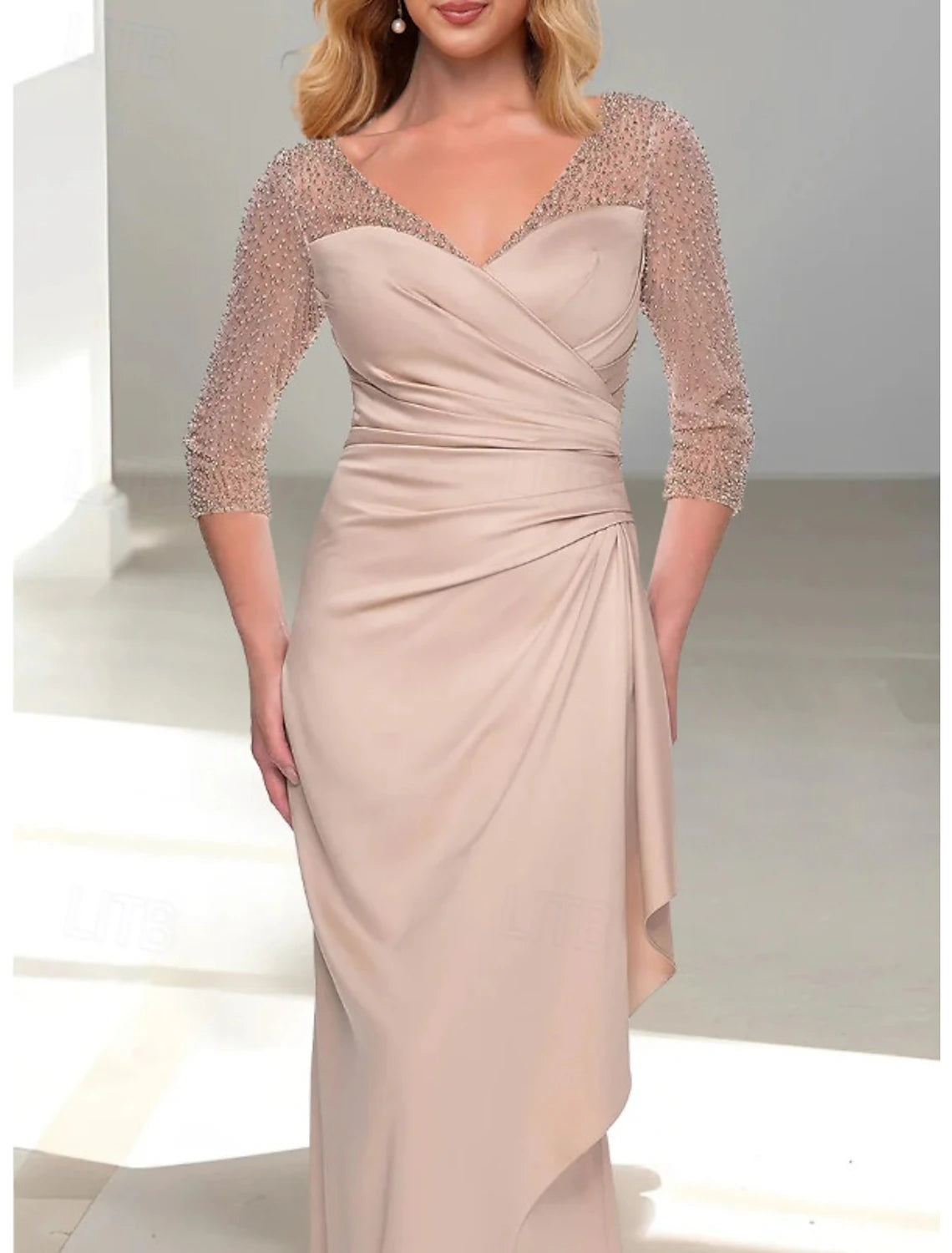 Buyishang Mermaid / Trumpet Dress Mother of the Bride Dress Elegant V Neck Floor Length Satin 3/4 Length Sleeve with Pleats Beading Ruffles