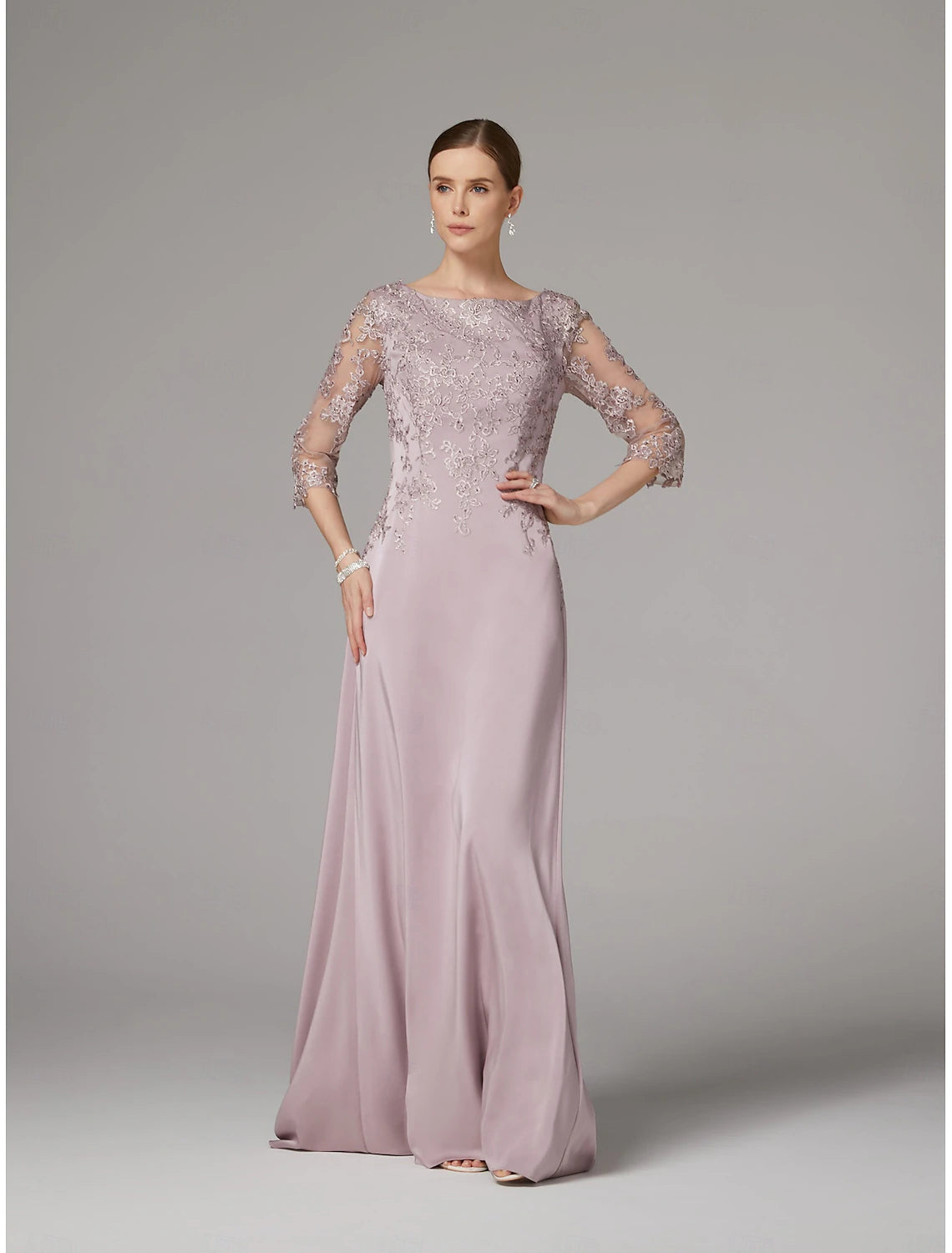 Buyishang Sheath Dress Mother of the Bride Dress Elegant Bateau Neck Floor Length Satin 3/4 Length Sleeve with Lace Appliques