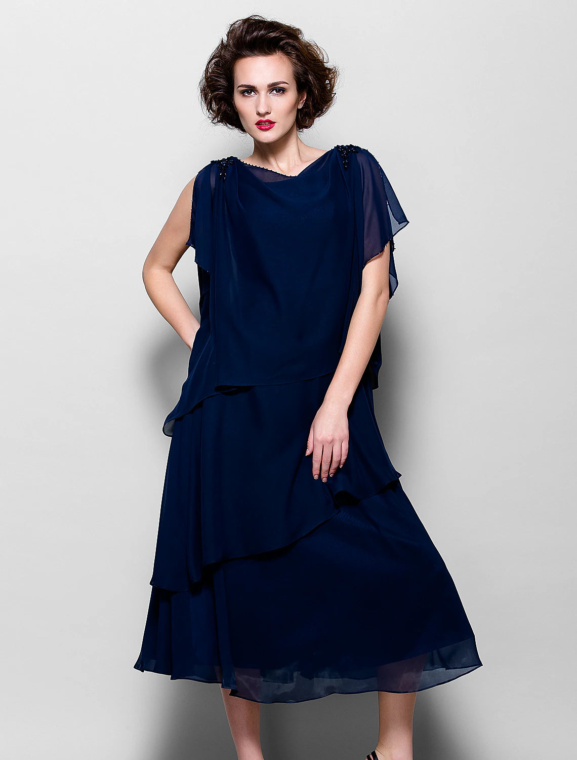 A-Line Mother of the Bride Dress Plus Size Elegant Cowl Neck Tea Length Chiffon Short Sleeve with Ruffles Crystal Brooch