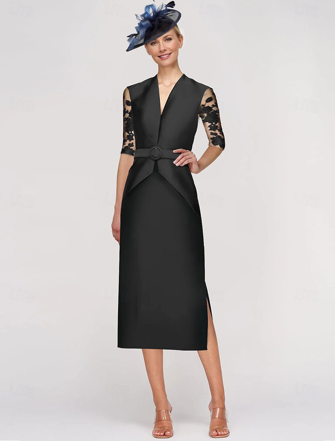 Buyishang Sheath / Column Dress Mother of the Bride Dress Elegant V Neck Ankle Length Satin Half Sleeve with Lace Solid Color free custom size