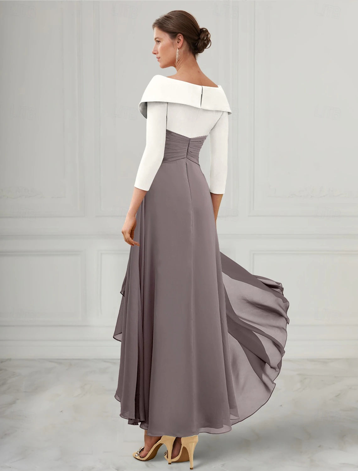Buyishang A-Line Mother of the Bride Dress Elegant V Neck Asymmetrical Ankle Length Chiffon 3/4 Length Sleeve with Pleats