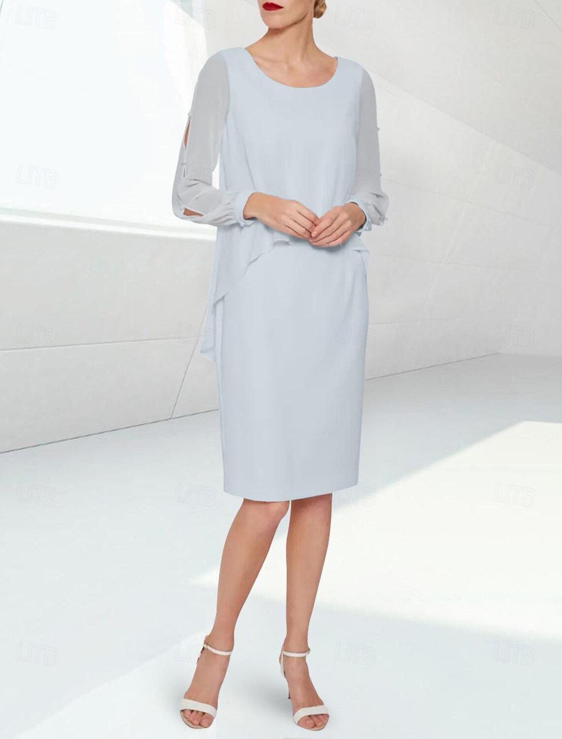 Buyishang Sheath / Column Mother of the Bride Dress Wedding Guest Elegant Jewel Neck Knee Length Chiffon Half Sleeve with Beading free custom size