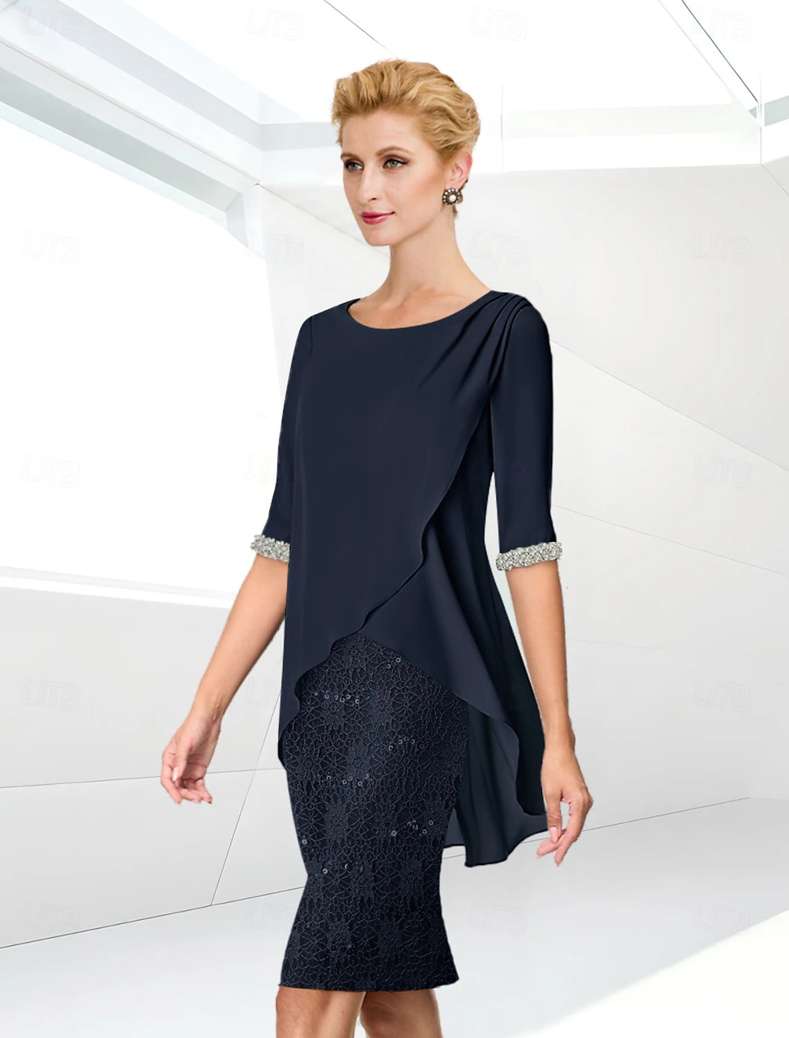 Buyishang Sheath / Column Mother of the Bride Dress Elegant Jewel Neck Knee Length Sequined Stretch Chiffon Half Sleeve with Lace Ruching free custom size