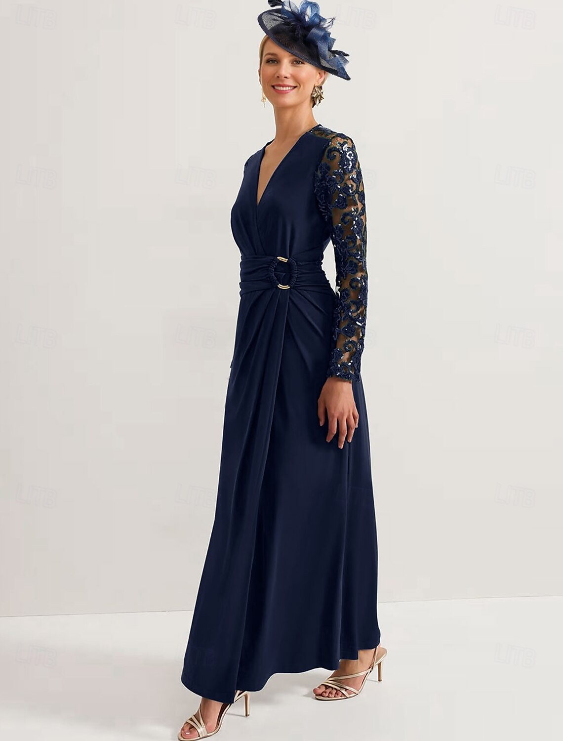 Buyishang Sheath / Column Dress Mother of the Bride Dress Elegant V Neck Ankle Length Stretch Fabric Long Sleeve with Lace Pleats Solid Color free custom size