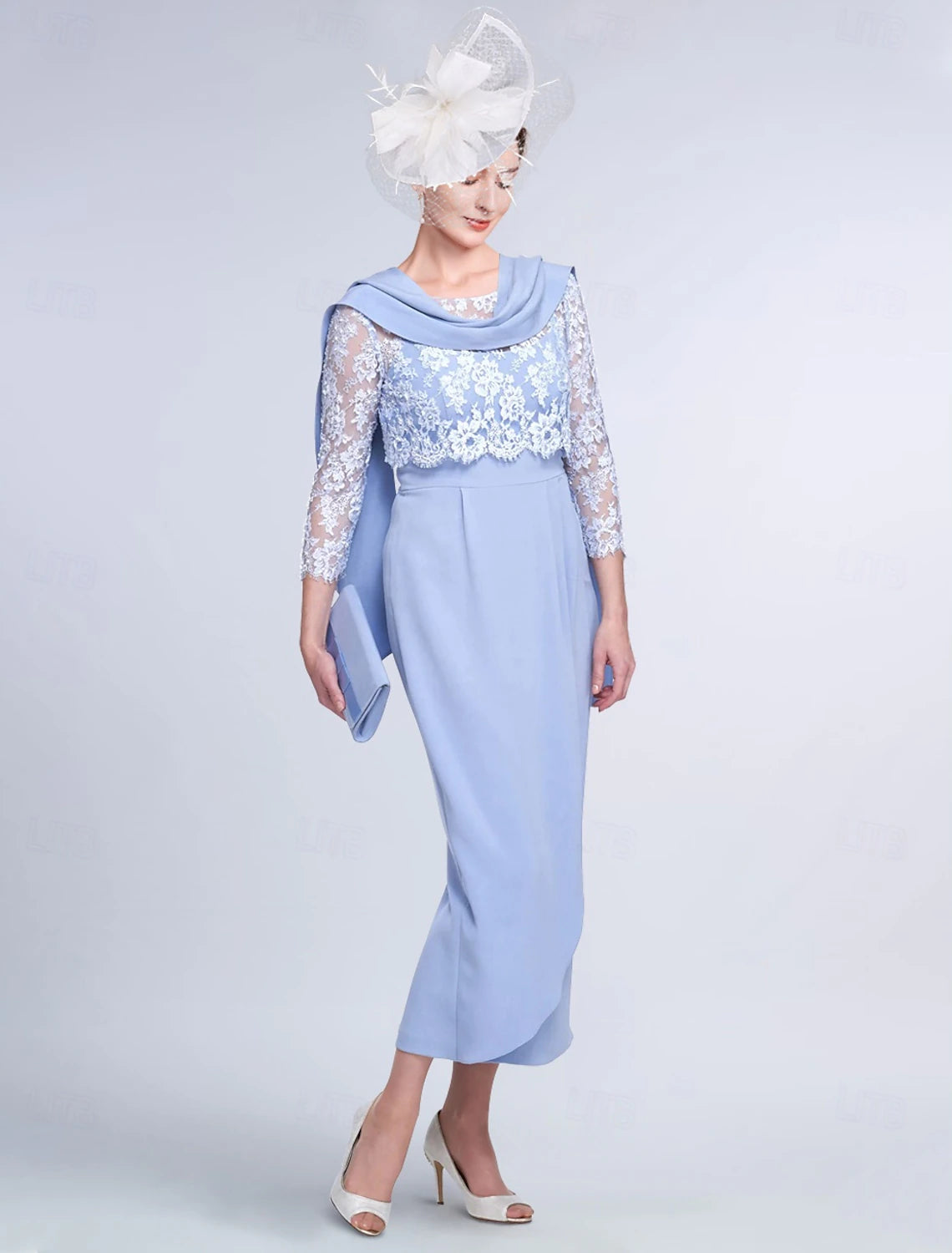 Buyishang Two Piece Sheath / Column Mother of the Bride Dress Elegant Jewel Neck Tea Length Lace Stretch Fabric 3/4 Length Sleeve Wrap Included Jacket Dresses with Lace Color Block free custom size