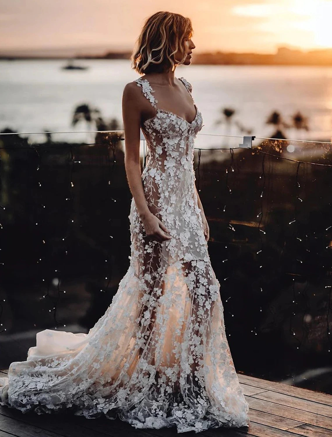 Beach Sexy Boho Wedding Dresses Mermaid / Trumpet Sweetheart Regular Straps Court Train Lace Bridal Gowns With Appliques Summer Fall Wedding Party Women's Clothing