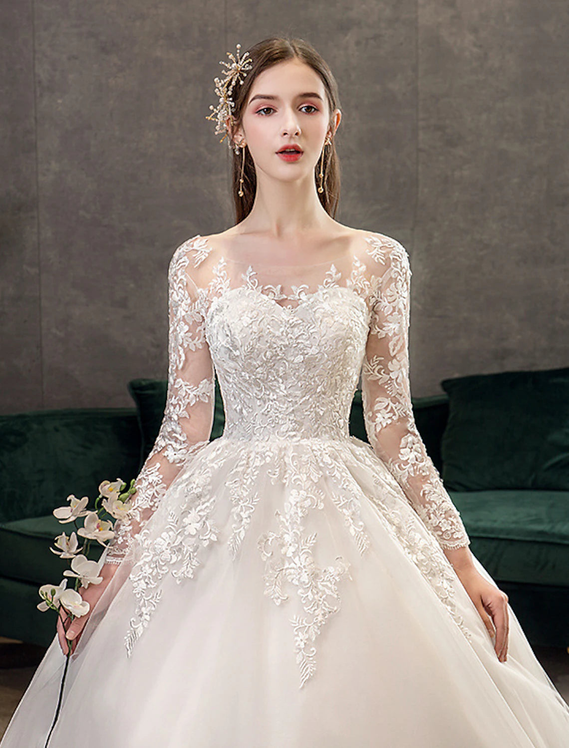 Buyishang Engagement Formal Wedding Dresses Ball Gown Illusion Neck Long Sleeve Cathedral Train Lace Bridal Gowns With Pleats Appliques Fall Wedding
