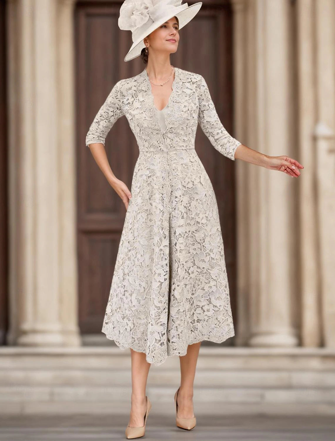 Buyishang A-Line Mother of the Bride Dress Elegant V Neck Tea Length Lace Half Sleeve with Lace free custom size