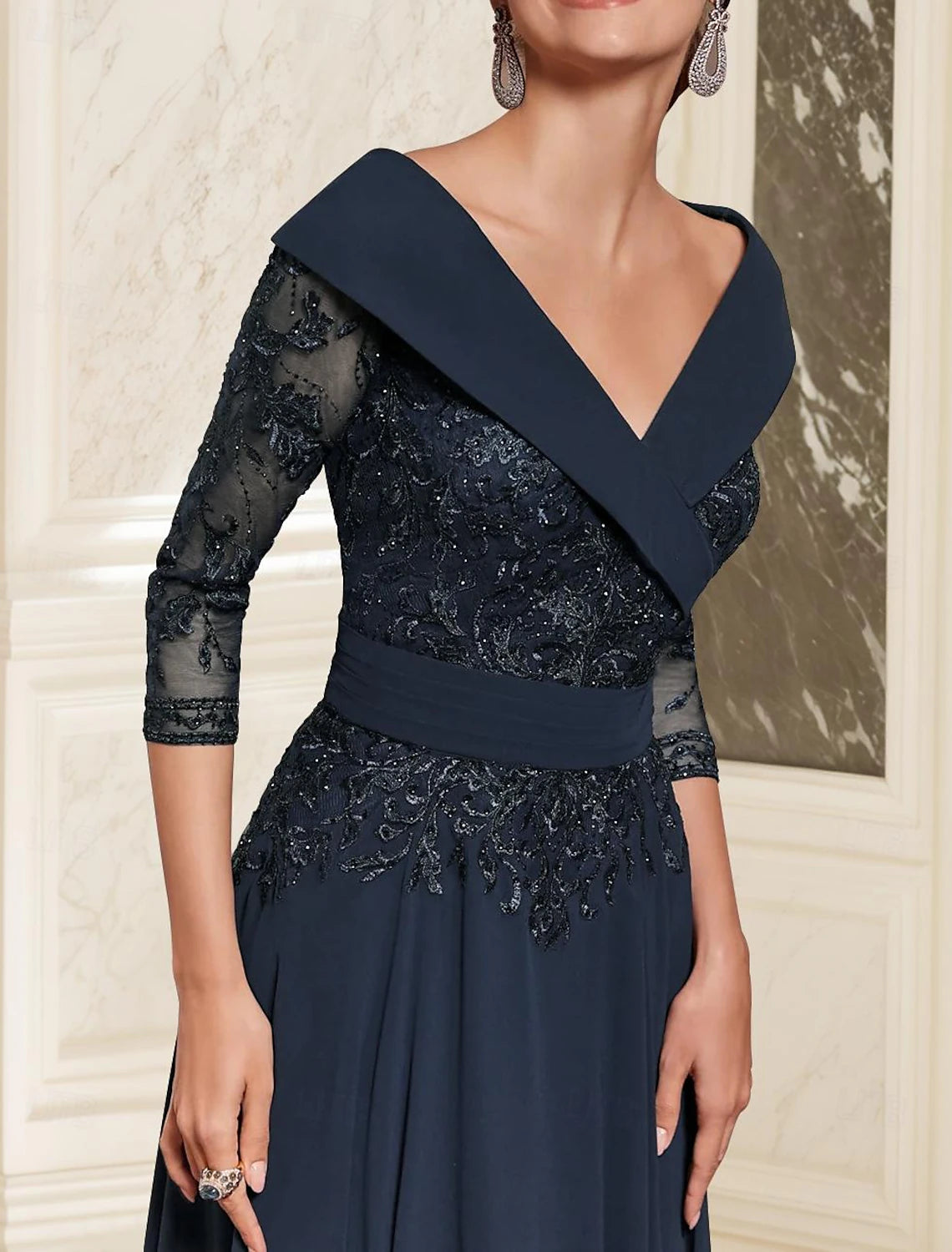 Buyishang A-Line Mother of the Bride Dress Wedding Guest Elegant Sweetheart Ankle Length Chiffon 3/4 Length Sleeve with Lace free custom size