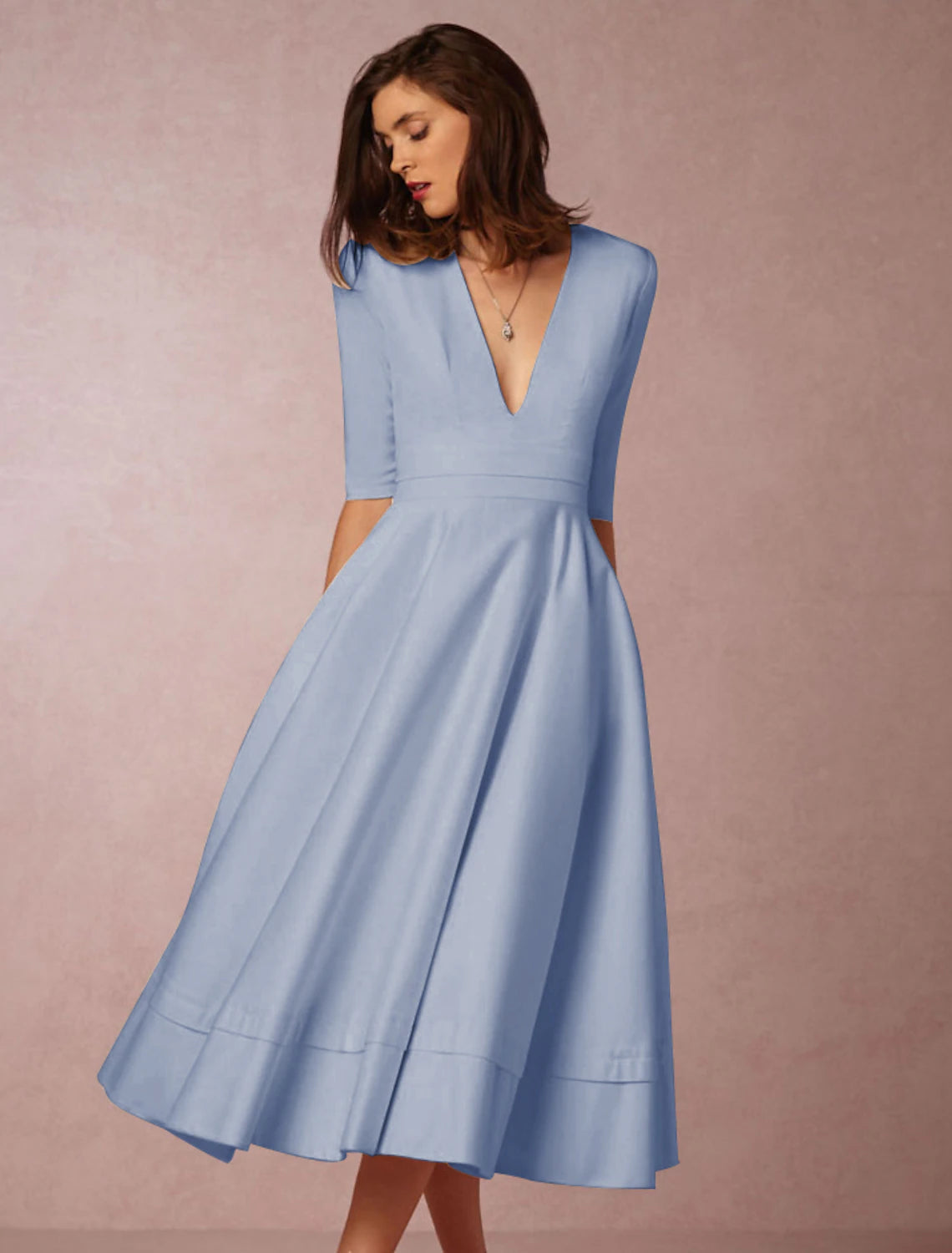 A-Line Special Occasion Dresses Party Dress Holiday Wedding Guest Tea Length Half Sleeve V Neck  Jersey with Pleats