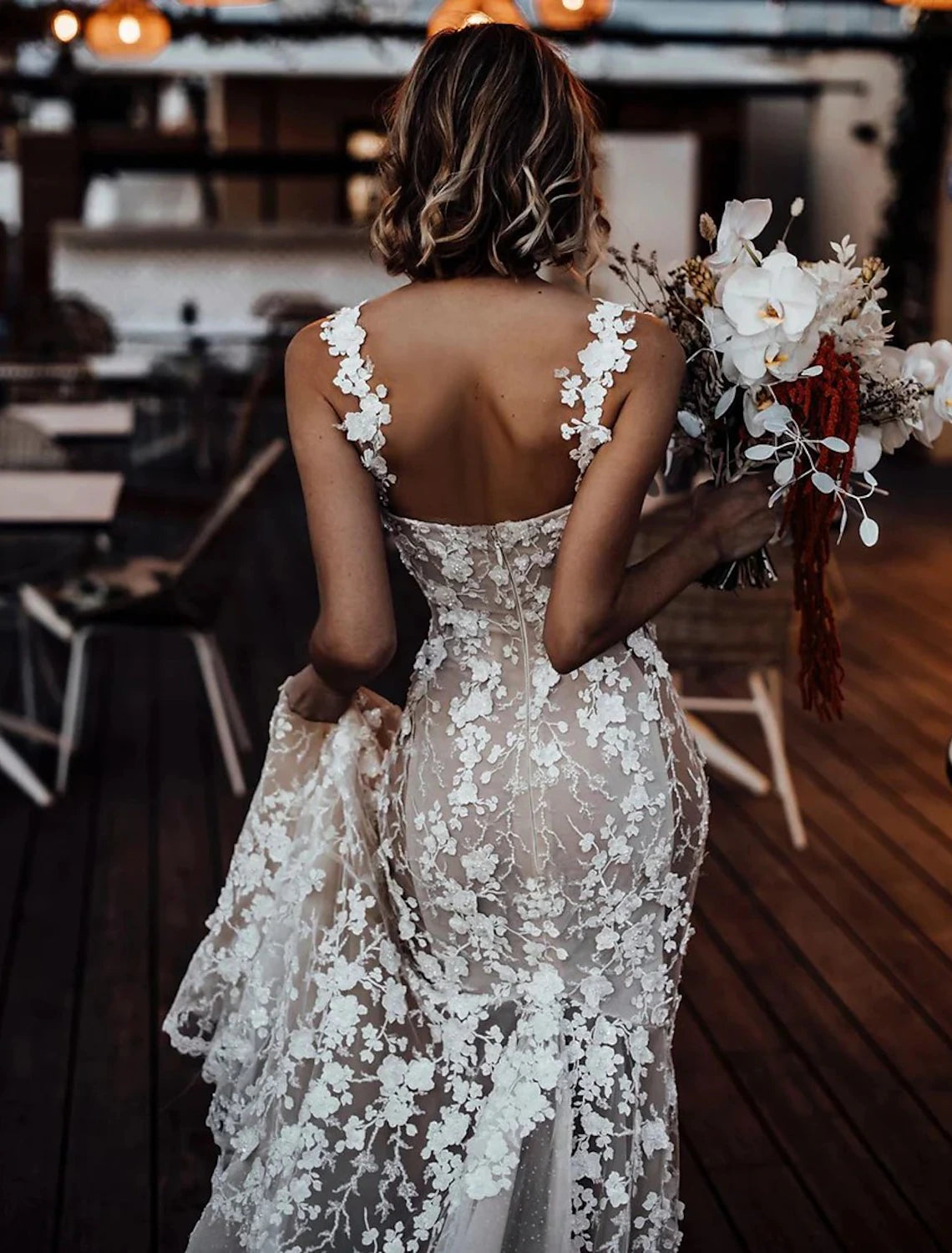 Beach Sexy Boho Wedding Dresses Mermaid / Trumpet Sweetheart Regular Straps Court Train Lace Bridal Gowns With Appliques Summer Fall Wedding Party Women's Clothing