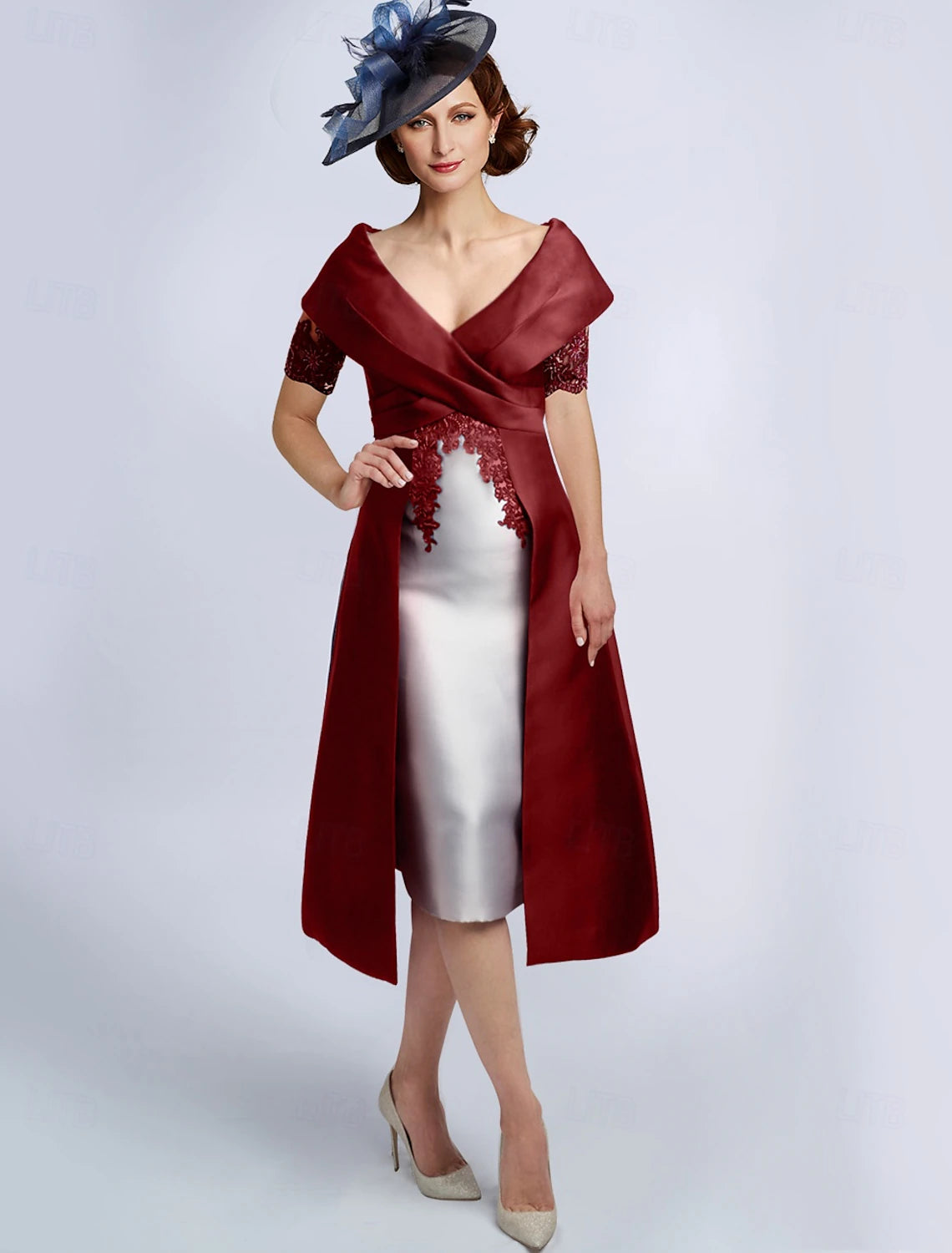 Buyishang A-Line Dress Mother of the Bride Dress Elegant Vintage V Neck Tea Length Satin Half Sleeve with Lace Criss Cross free custom size