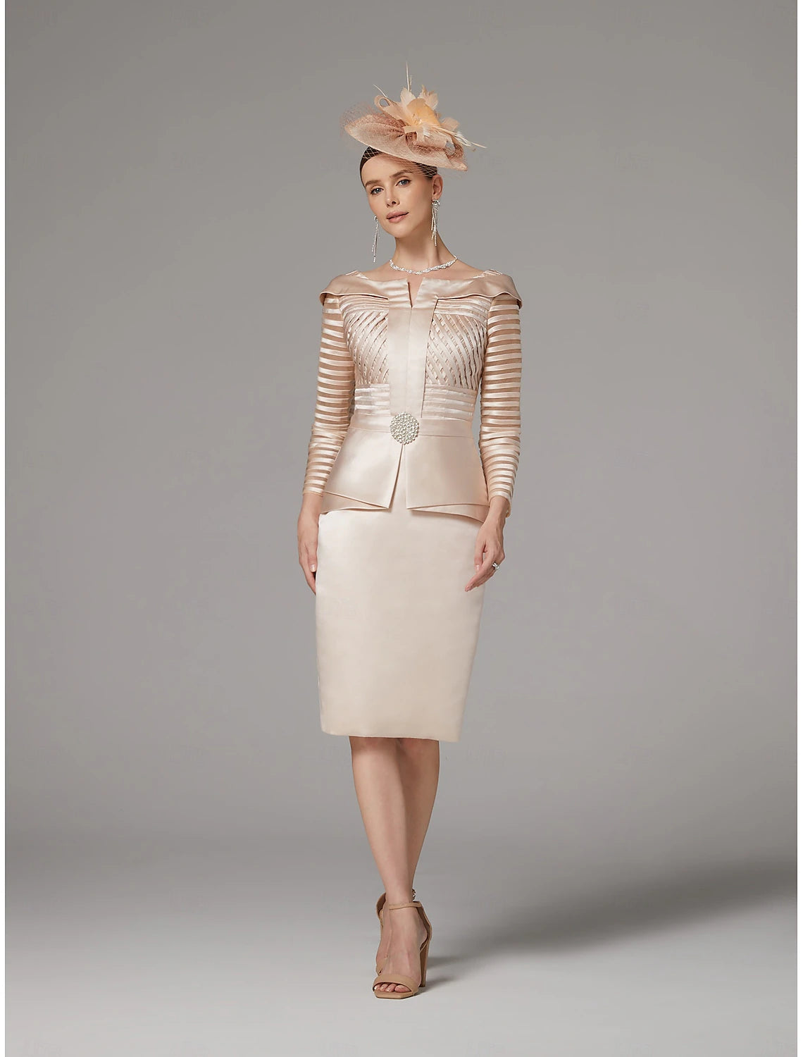 Buyishang Sheath Dress Suit Mother of the Bride Dress Elegant Vintage Plus Size Bateau Neck Knee Length Satin 3/4 Length Sleeve with Sash / Ribbon Crystals