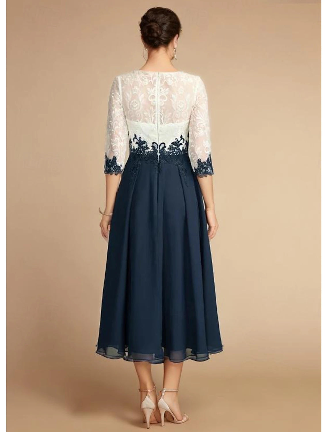 Buyishang A-Line Mother of the Bride Dress Wedding Guest Elegant Vintage Jewel Neck Tea Length Chiffon Lace Half Sleeve with Lace Appliques Color Block free custom size