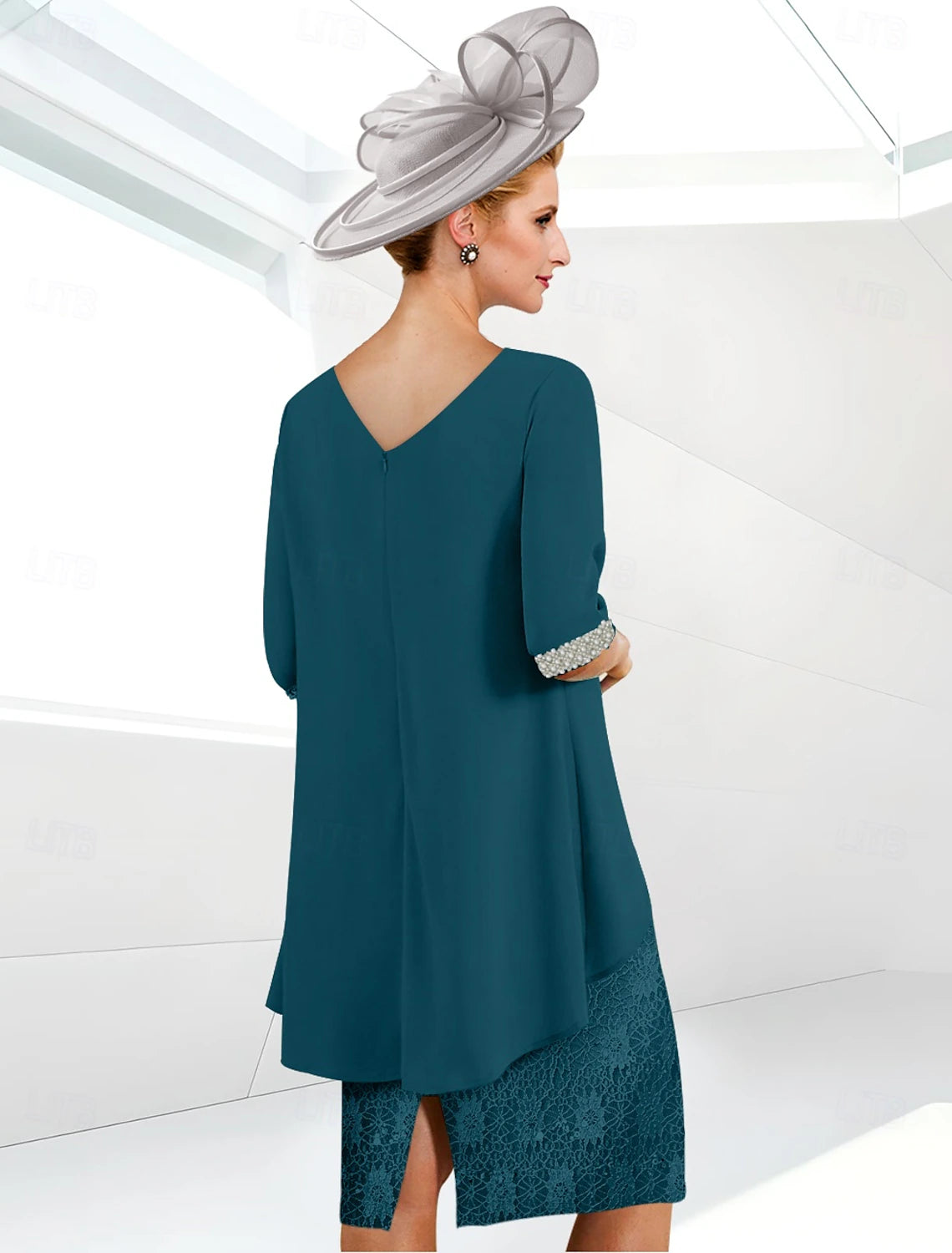 Buyishang Sheath / Column Mother of the Bride Dress Elegant Jewel Neck Knee Length Sequined Stretch Chiffon Half Sleeve with Lace Ruching free custom size