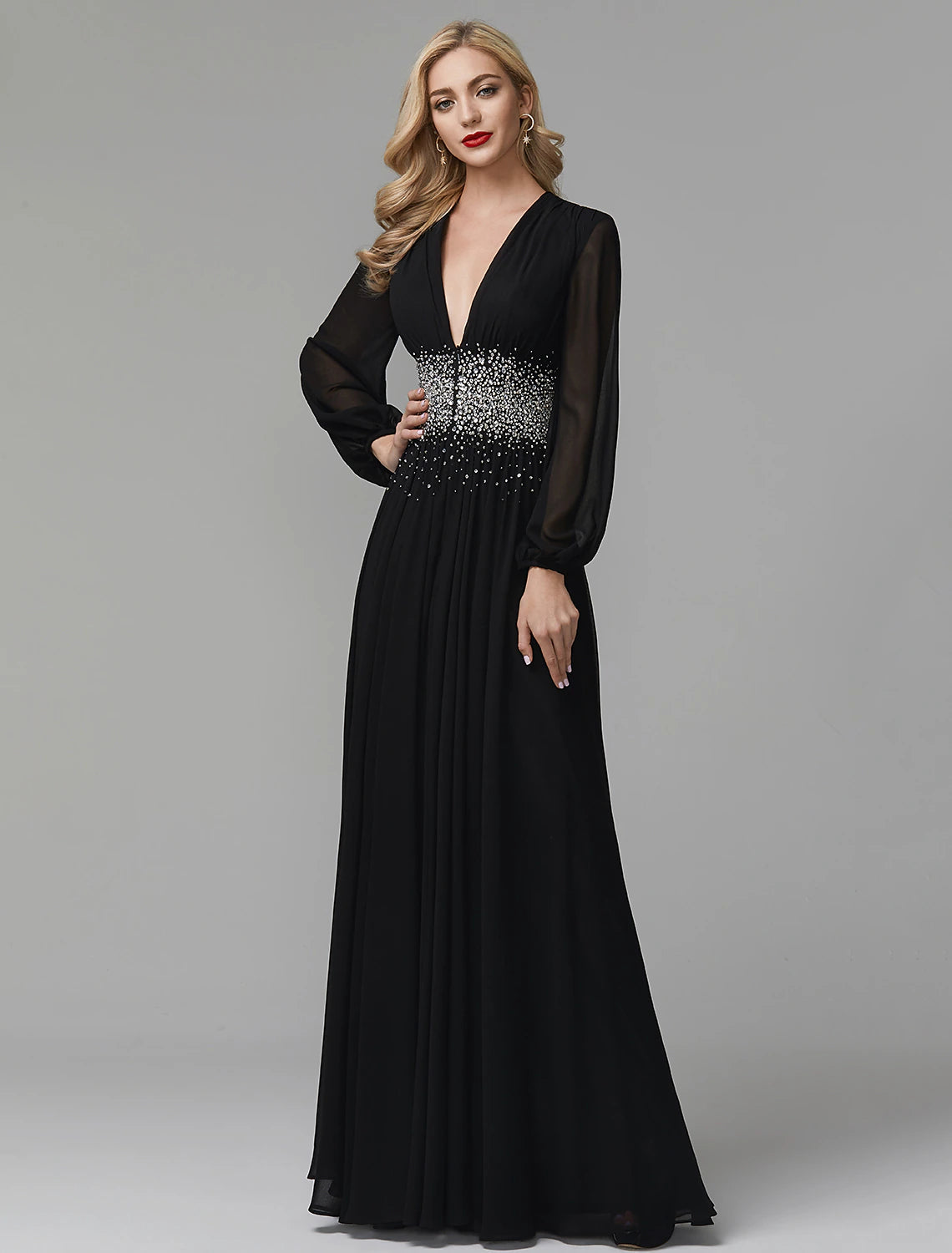 A-Line Evening Dress Celebrity Red Carpet Formal Gown Party Dress Black Tie Wedding Guest Floor Length Long Sleeve V Neck Chiffon with Sequin