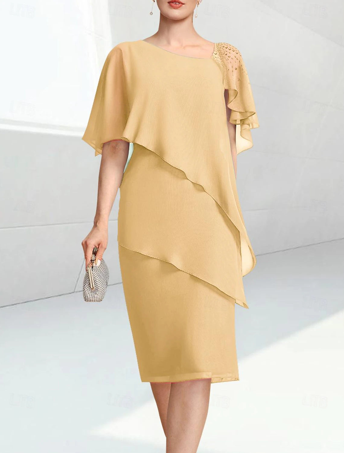 Buyishang Sheath / Column Mother of the Bride Dress Elegant Jewel Neck Knee Length Chiffon Half Sleeve with Beading free custom size