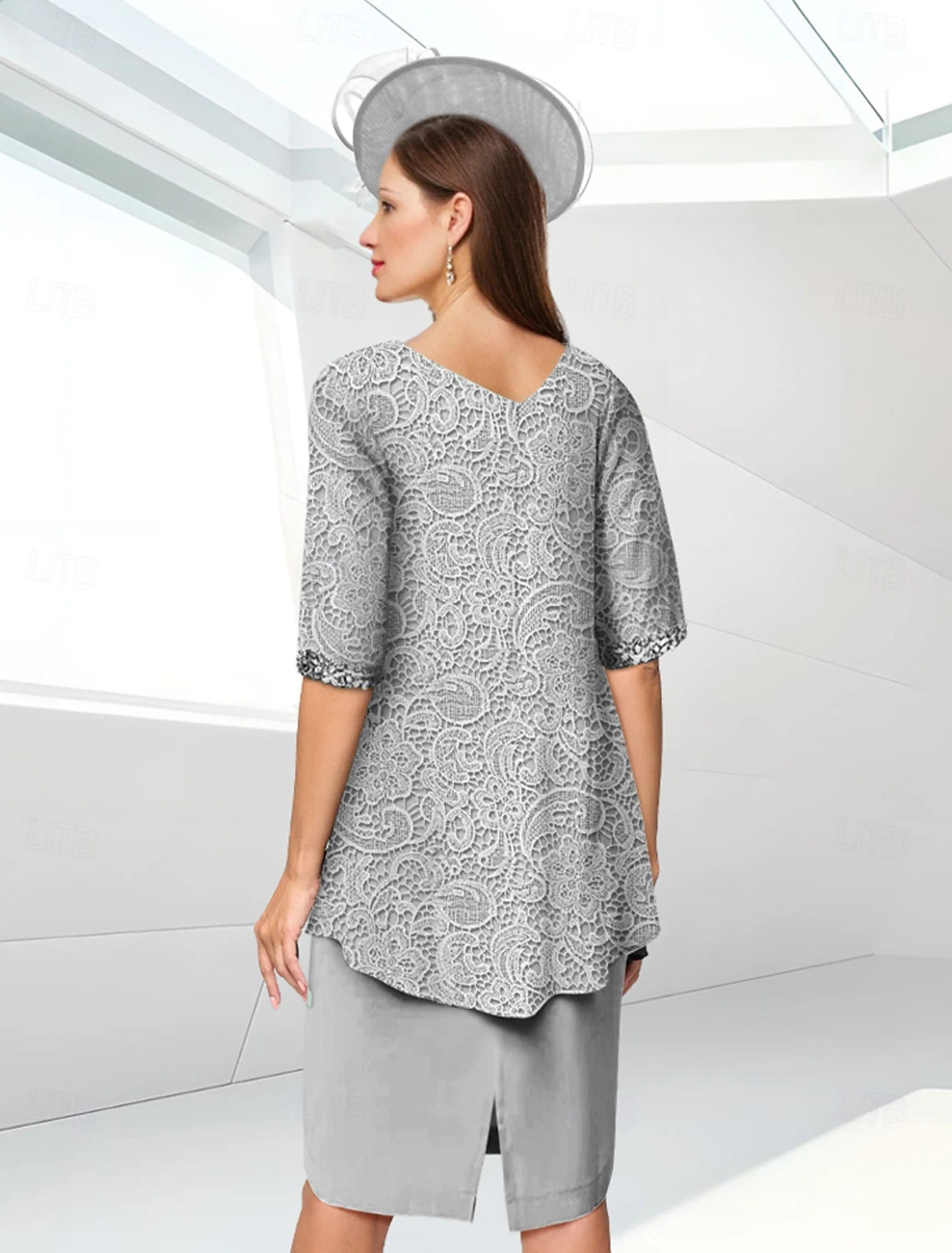 Buyishang Sheath / Column Mother of the Bride Dress Elegant Jewel Neck Knee Length Lace Stretch Chiffon Half Sleeve with Lace Ruching free custom size