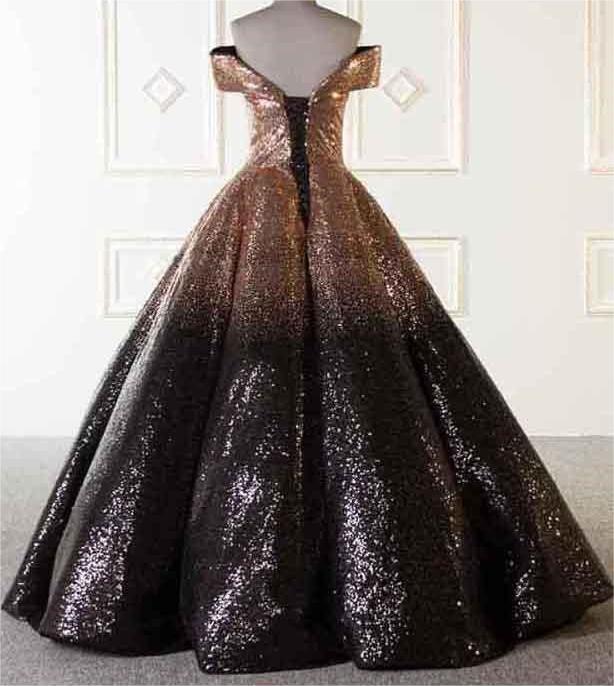 Ball Gown Gold Silver Sequins Off The Shoulder Prom Dress