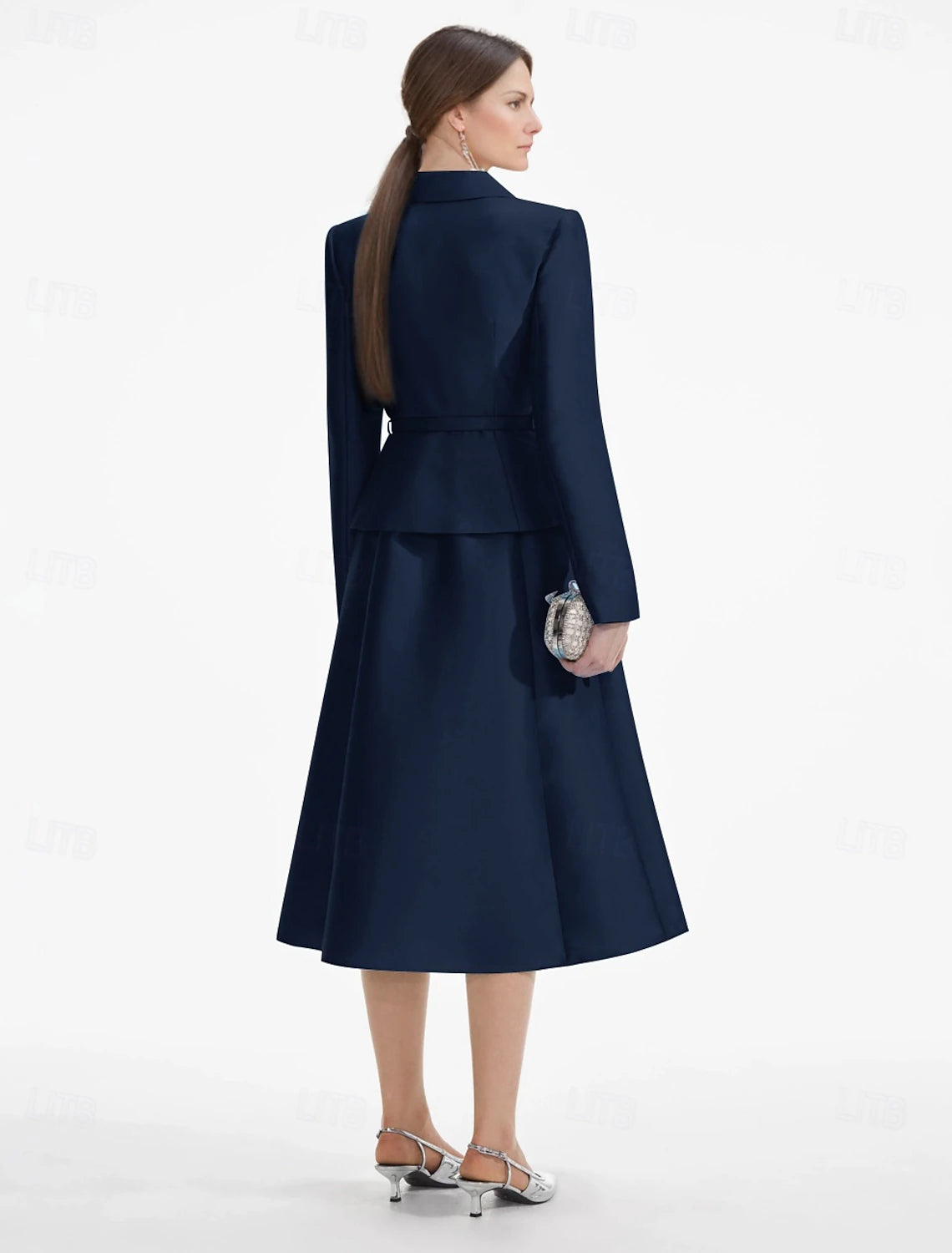 Buyishang A-Line Dress Mother of the Bride Dress Elegant V Neck Tea Length Satin Long Sleeve with Solid Color