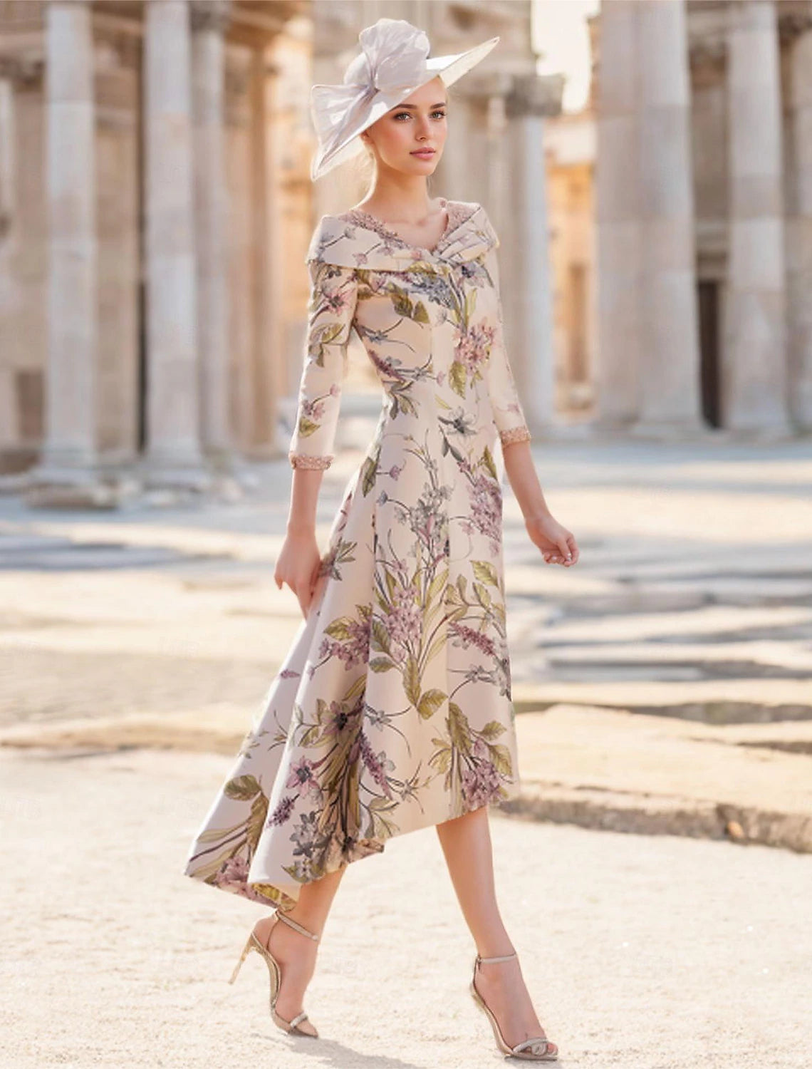 Buyishang A-Line Mother of the Bride Dress Wedding Guest Elegant Vintage V Neck Ankle Length Satin Polyester Short Sleeve with Flower free custom size