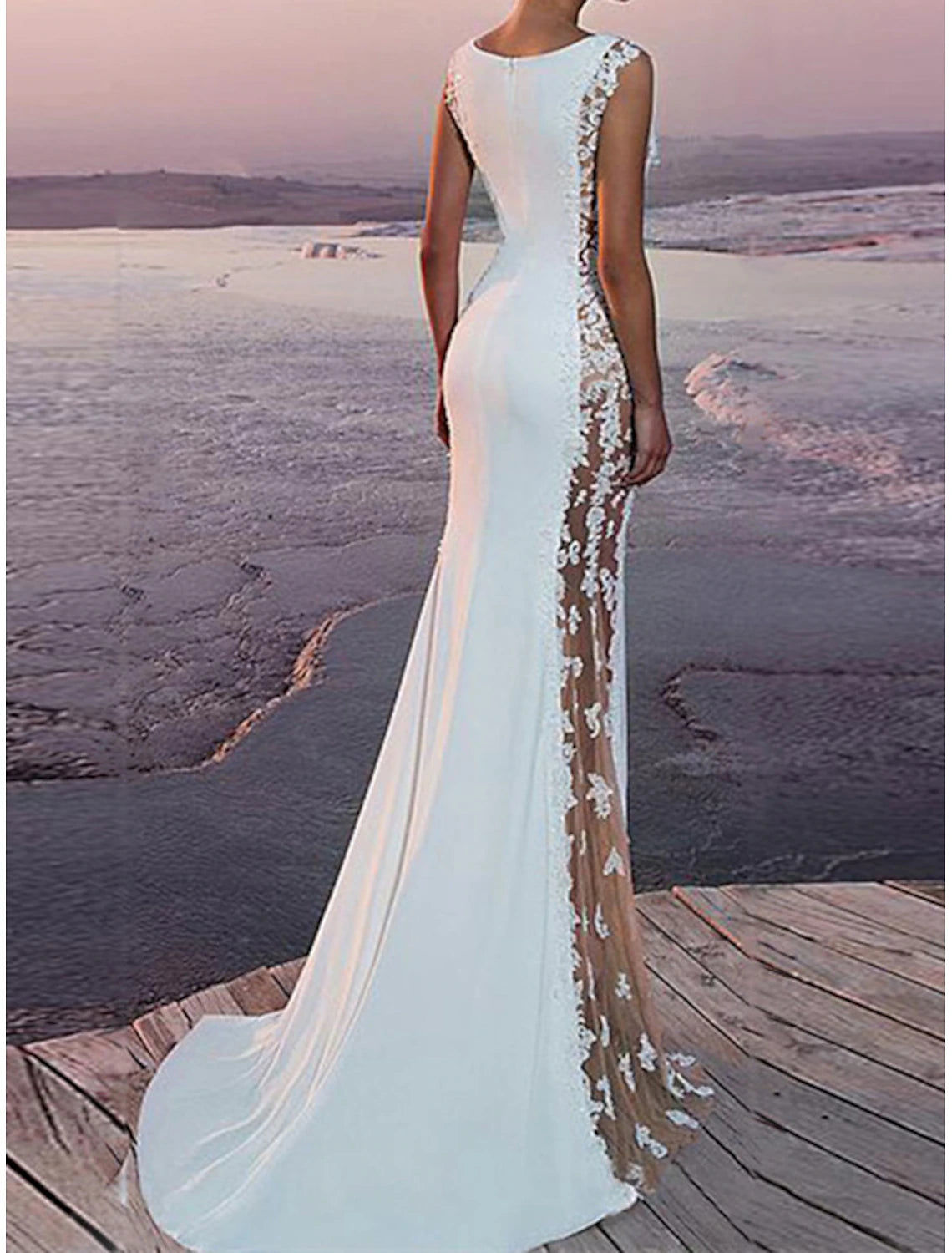 Buyishang Beach Wedding Dresses Sheath Scoop Neck Sleeveless Court Train Lace Bridal Gowns With Appliques