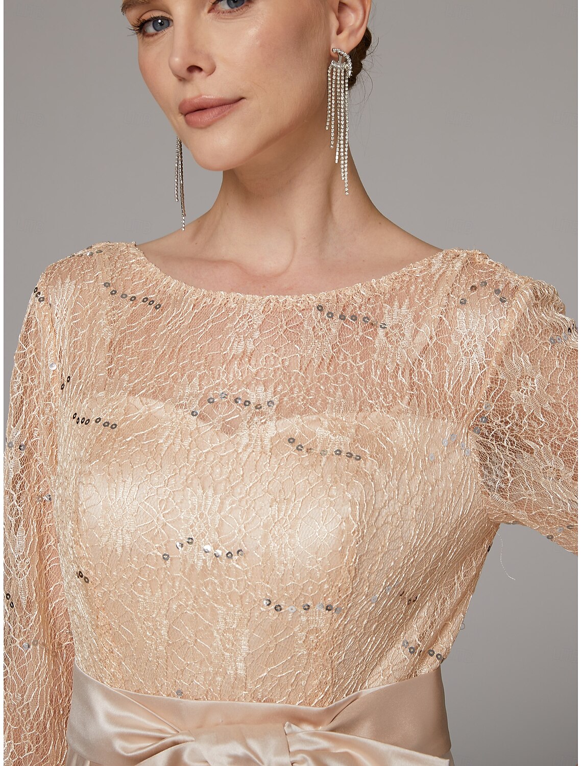 Buyishang A-Line Dress Mother of the Bride Dress Elegant Plus Size High Low Jewel Neck Asymmetrical Satin Lace 3/4 Length Sleeve with Sash / Ribbon Appliques