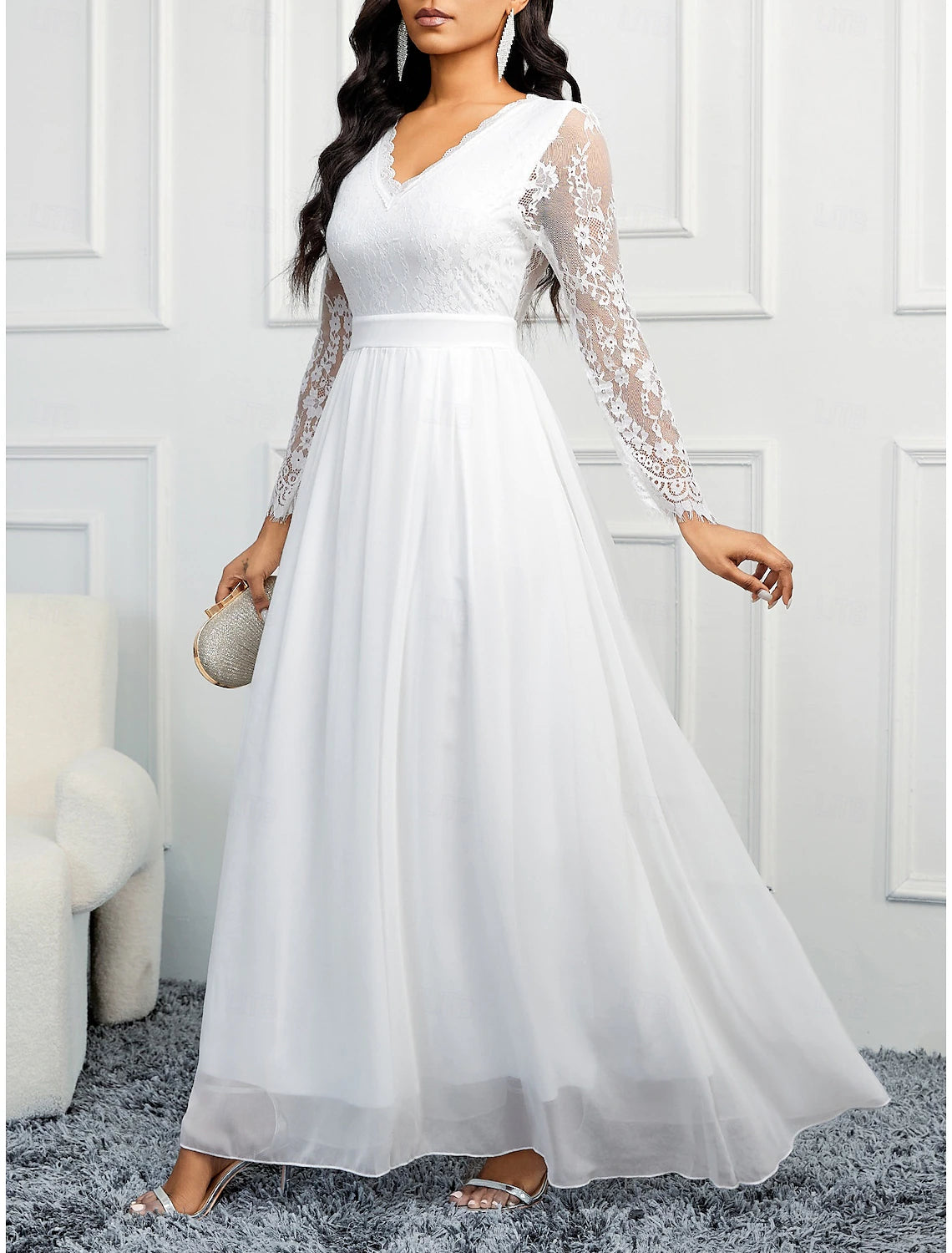 Buyishang Wedding Dresses A-Line V Neck Long Sleeve Floor Length Chiffon Bridal Gowns With Appliques