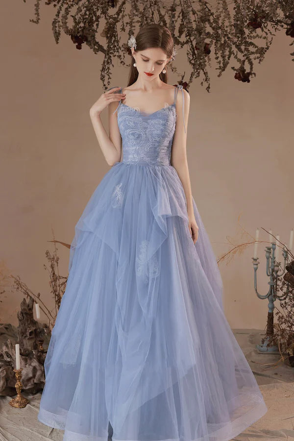 Blue Spaghetti Straps Lace Long Formal Dress Blue A-Line Evening Party Dress