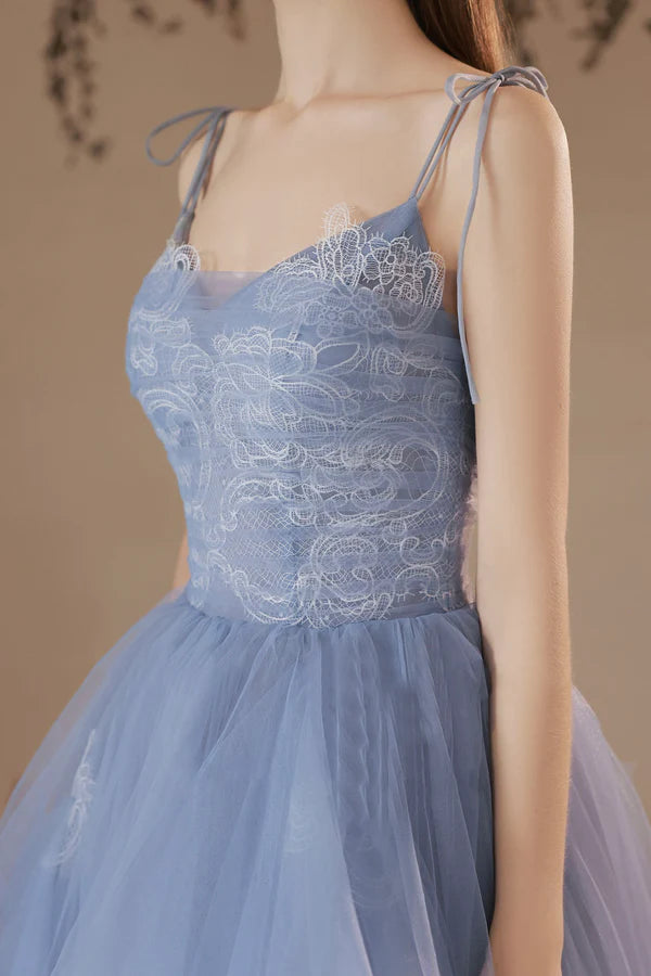Blue Spaghetti Straps Lace Long Formal Dress Blue A-Line Evening Party Dress