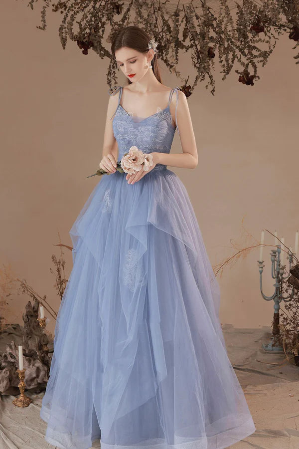 Blue Spaghetti Straps Lace Long Formal Dress Blue A-Line Evening Party Dress