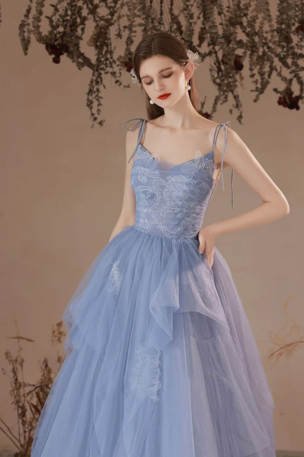 Blue Spaghetti Straps Lace Long Formal Dress Blue A-Line Evening Party Dress