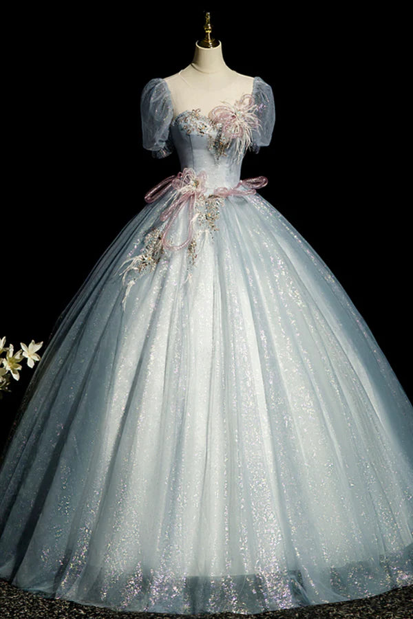 Blue Shiny Tulle Long Prom Dress with Sequins A-Line Short Sleeve Party Dress