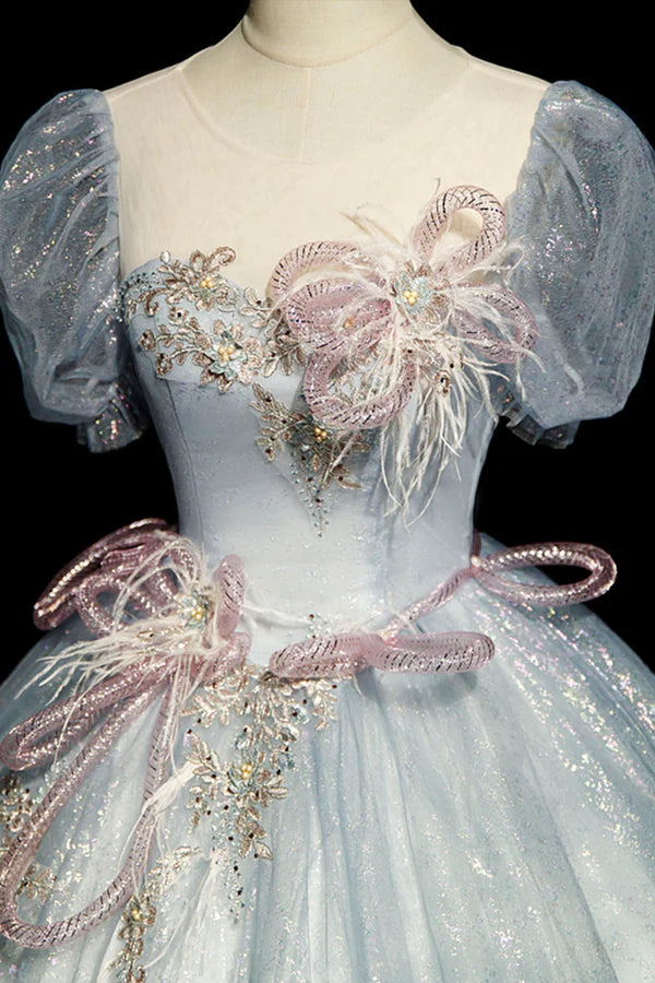 Blue Shiny Tulle Long Prom Dress with Sequins A-Line Short Sleeve Party Dress