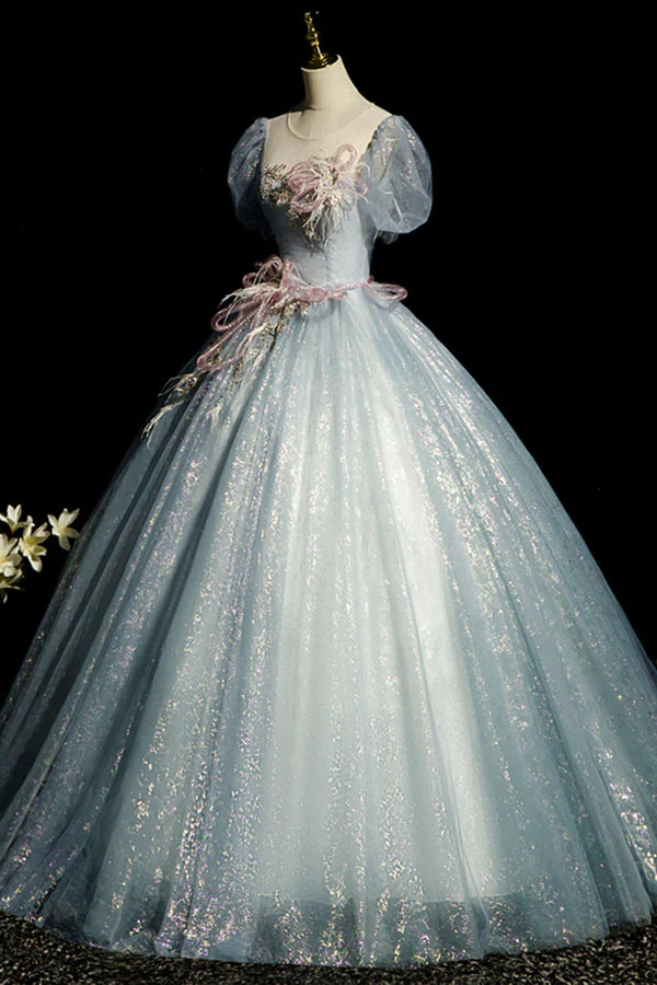 Blue Shiny Tulle Long Prom Dress with Sequins A-Line Short Sleeve Party Dress