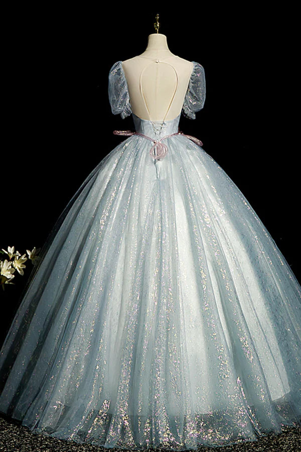Blue Shiny Tulle Long Prom Dress with Sequins A-Line Short Sleeve Party Dress