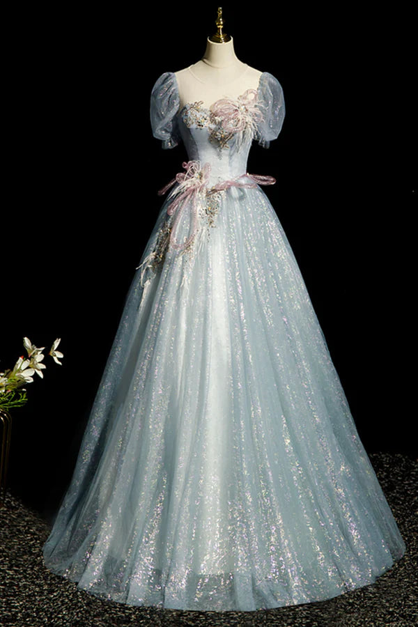 Blue Shiny Tulle Long Prom Dress with Sequins A-Line Short Sleeve Party Dress