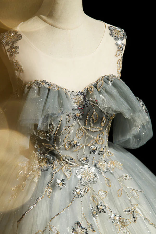 Scoop Neckline Tulle Long Formal Dress with Beaded A-Line Evening Dress