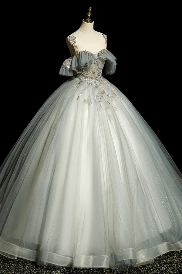 Scoop Neckline Tulle Long Formal Dress with Beaded A-Line Evening Dress