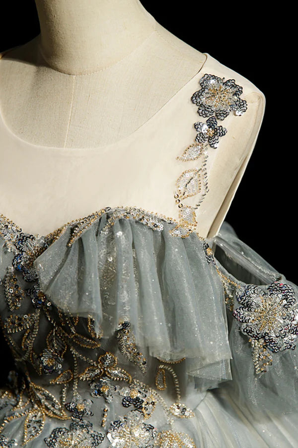 Scoop Neckline Tulle Long Formal Dress with Beaded A-Line Evening Dress