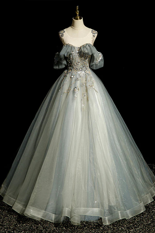 Scoop Neckline Tulle Long Formal Dress with Beaded A-Line Evening Dress