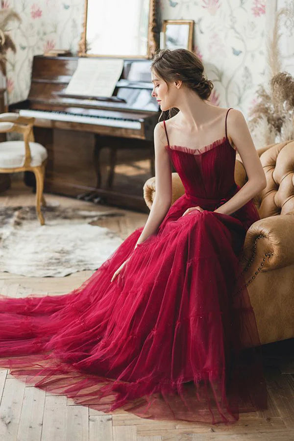 Burgundy Spaghetti Strap Long Formal Dress A-Line Evening Party Dress