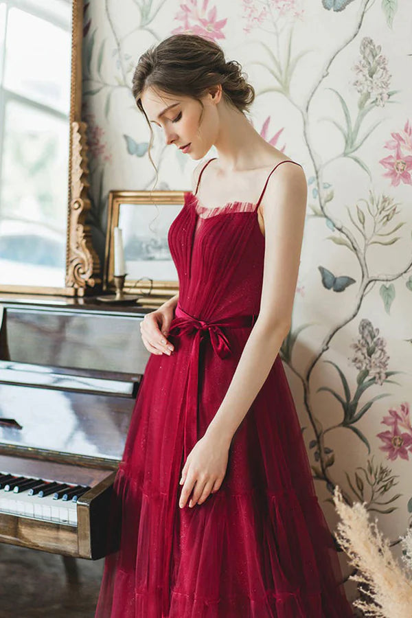 Burgundy Spaghetti Strap Long Formal Dress A-Line Evening Party Dress