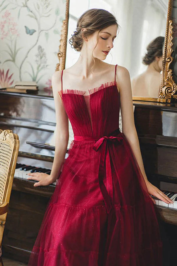Burgundy Spaghetti Strap Long Formal Dress A-Line Evening Party Dress