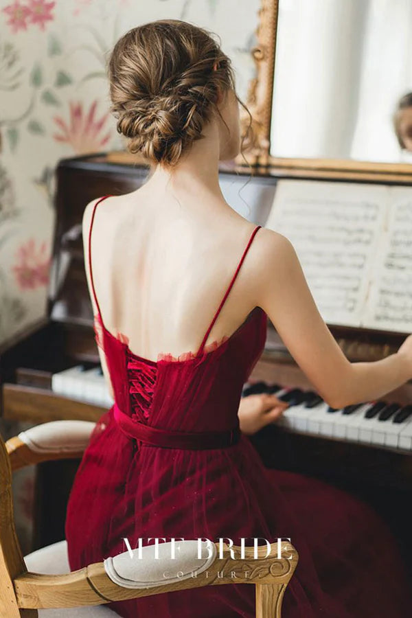 Burgundy Spaghetti Strap Long Formal Dress A-Line Evening Party Dress