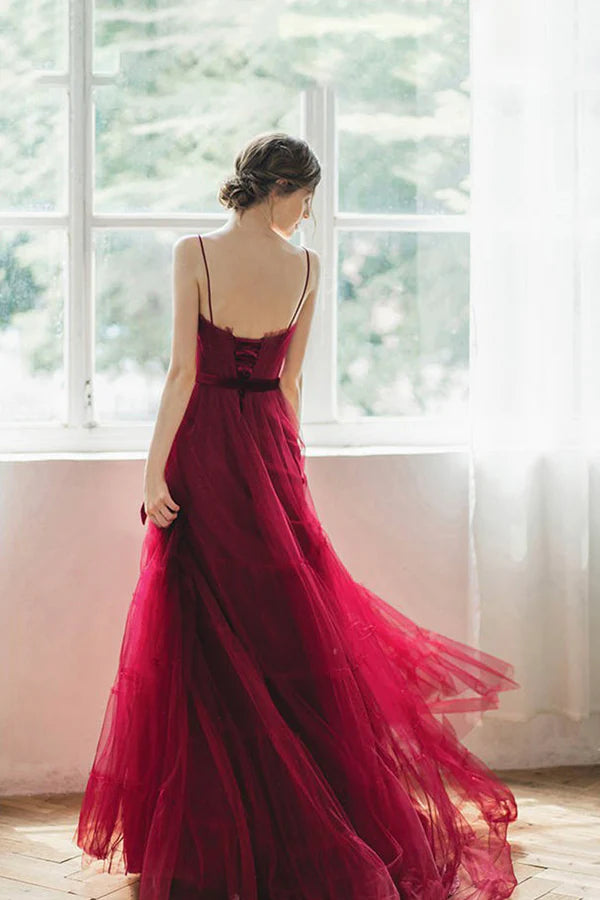 Burgundy Spaghetti Strap Long Formal Dress A-Line Evening Party Dress