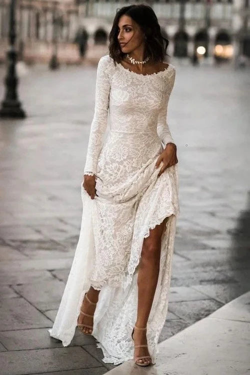 Buyishang Lace Full Sleeves Ivory Wedding Dresses with Sweep Train