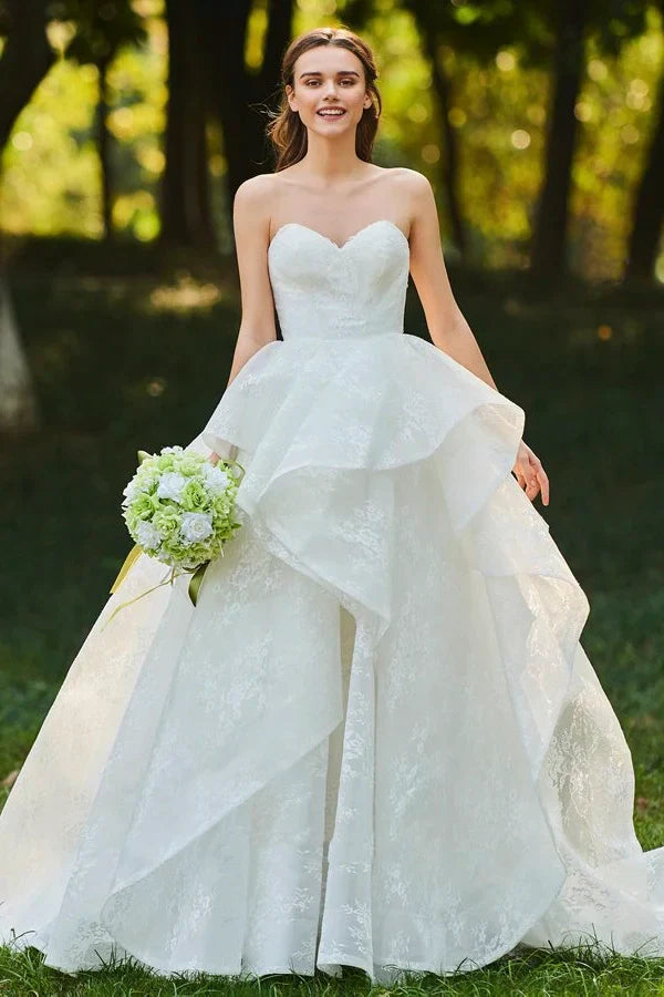 Buyishang Lace Open Back Sweetheart Cascading Ruffles Sleeveless Bridal Ball Gown